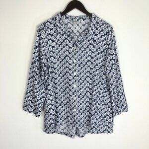 John Mark Wire Collar Linen Button Front Artsy Print Blouse Top Size M Pockets